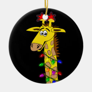 Ornamento De Cerâmica Girafa engraçado com Natal lunático das luzes