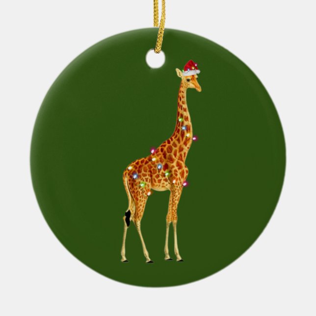 Ornamento De Cerâmica GIRAFFE com o natal do chapéu (Frente)