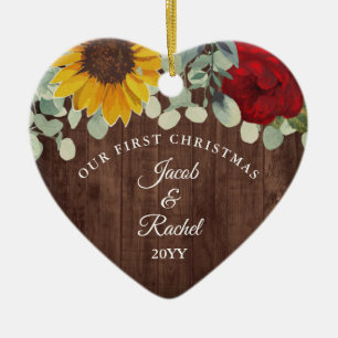 Ornamento De Cerâmica Girassóis Rosas Rústico Nosso Primeiro Natal