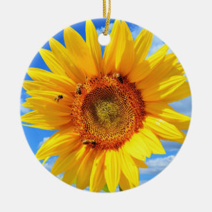 Ornamento De Cerâmica Girassol Amarelo e Abelhas no Céu Azul - Verão 