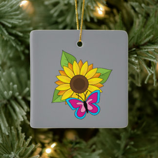 Ornamento De Cerâmica Girassol Amarelo e Borboleta Azul Rosa