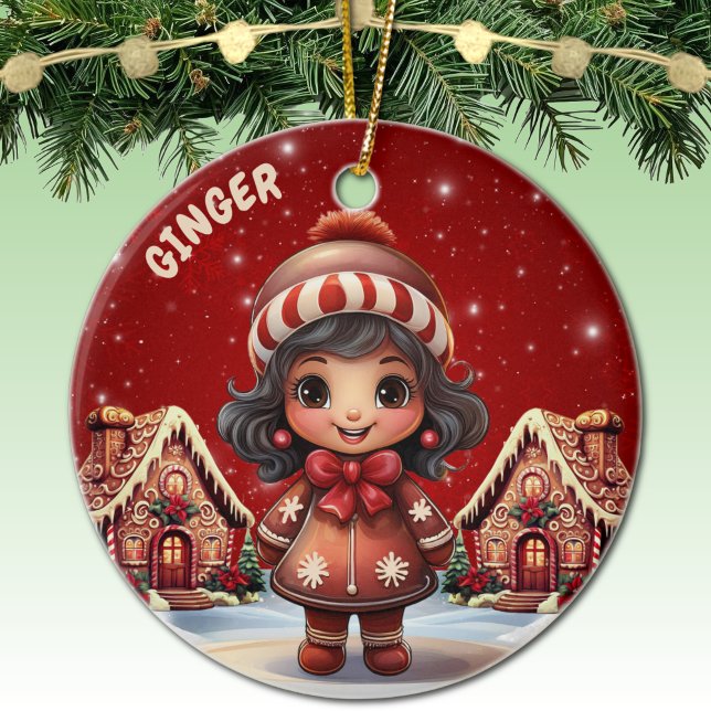 Ornamento De Cerâmica Girl Gingerbread Village House Christmas Decor (Personalizable Girl Gingerbread & Houses Christmas Decor Customizable Ornament  Xmas Decoration 🎄)