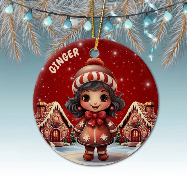 Ornamento De Cerâmica Girl Gingerbread Village House Christmas Decor (Personalizable Girl Gingerbread & Houses Christmas Decor Customizable Ornament  Xmas Decoration 🎄)