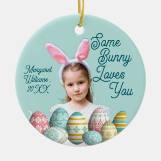 Ornamento De Cerâmica Girl Photo Bunny Ears Cute Blue