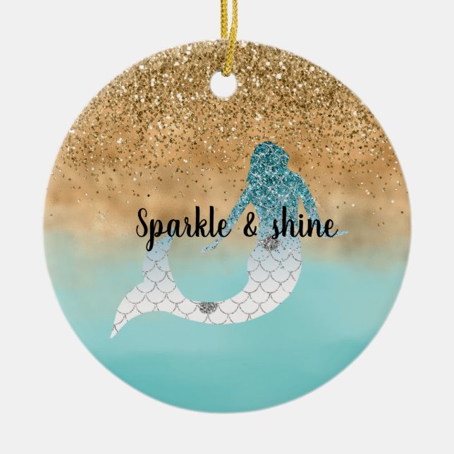 Ornamento De Cerâmica Girly Aqua Watercolor Dourada Sereia   (Frente)