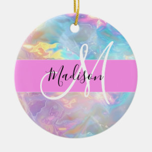 Ornamento De Cerâmica Girly Rainbow Holographic Nome do Monograma Irides