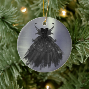 Ornamento De Cerâmica Glam Black Pixie Wing Fantasy Gown