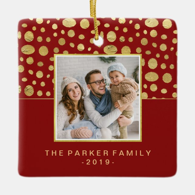 Ornamento De Cerâmica Glam Christmas Faux Dourados Pontos em Vermelho co (Frente)