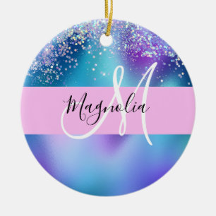 Ornamento De Cerâmica Glam Holográfico Sereia Brilho Faísca Monograma