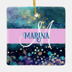 Ornamento De Cerâmica Glam Sereia Aqua Dourada Glitter Gliters Monograma