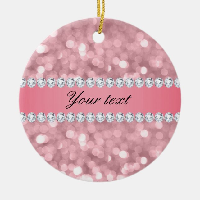 Ornamento De Cerâmica Glitter Bokeh e Diamantes Rosa Personalizados (Frente)