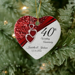 Ornamento De Cerâmica Glitter Red Ruby 40th Anniversary 💕