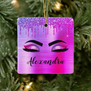 Ornamento De Cerâmica Glitter Roxo Eyelashes Eyelashes Monograma