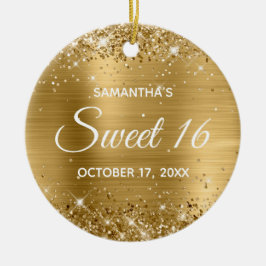 Ornamento De Cerâmica Glittery Dourado Folha Doce 16 Aniversário