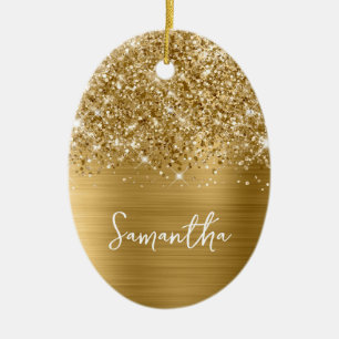 Ornamento De Cerâmica Glittery Dourado Glam Nome Foto Oval