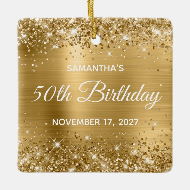 Ornamento De Cerâmica Glittery Gold Foil Glam 50th Birthday (Frente)