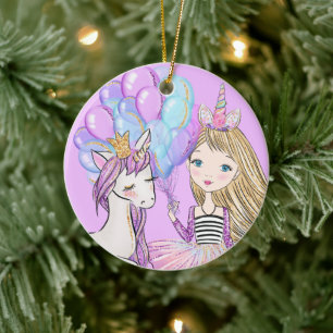 Ornamento De Cerâmica Glittery Pink Unicorn Girls Birthday Cerâmica Orn