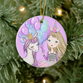 Ornamento De Cerâmica Glittery Pink Unicorn Girls Birthday Cerâmica Orna
