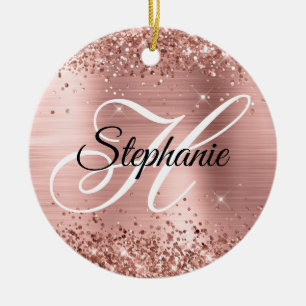 Ornamento De Cerâmica Glittery Rose Gold Foil Fancy Monograma
