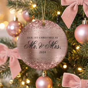 Ornamento De Cerâmica Glittery Rose Gold Foil Nossa 1ª Foto de Natal