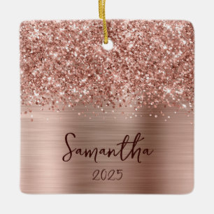 Ornamento De Cerâmica Glittery Rose Gold Glam Nome Foto