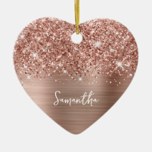 Ornamento De Cerâmica Glittery Rose Gold Glam Nome Foto