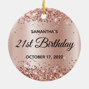 Ornamento De Cerâmica Glittery Rose Gold Shimmer Ombre 21º Aniversário