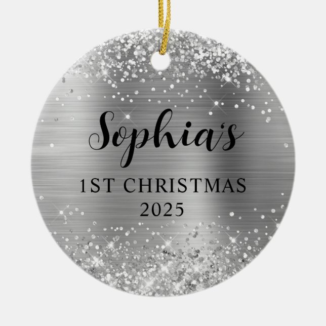 Ornamento De Cerâmica Glittery Silver Foil 1st Christmas Photo (Frente)