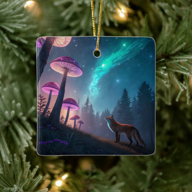 Ornamento De Cerâmica Glowing Mushroom Forest Fox Fantasy Art (Árvore)