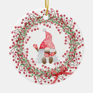 Ornamento De Cerâmica Gnome Berry Wreath
