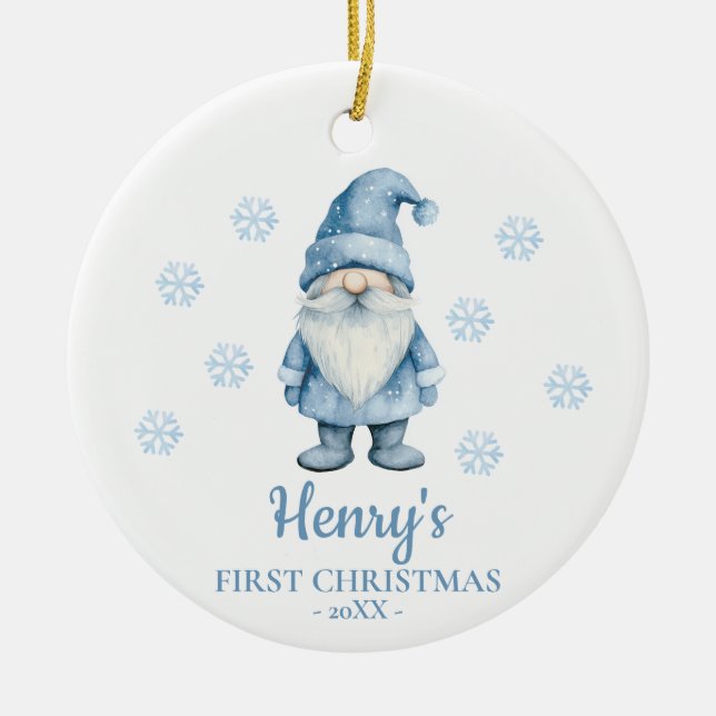 Ornamento De Cerâmica Gnome Personalized Baby's First Christmas (Frente)