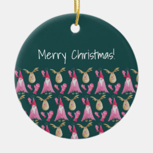 Ornamento De Cerâmica Gnomo Bonito E Rena Com Luva Rosa