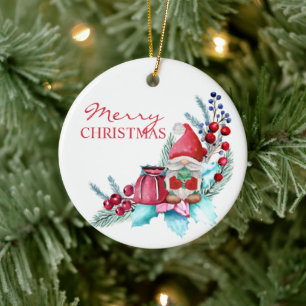 Ornamento De Cerâmica Gnomo de Aquarela com Árvore de Natal