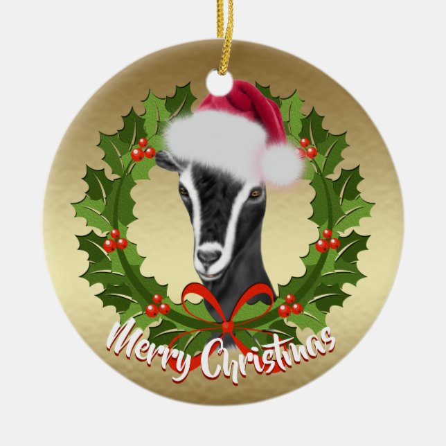 Ornamento De Cerâmica GOAT Alpino Dairy Goat Doe Santa Hat Natal (Frente)
