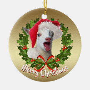 Ornamento De Cerâmica GOAT Nigerian Dwarf Kid Santa Hat Natal