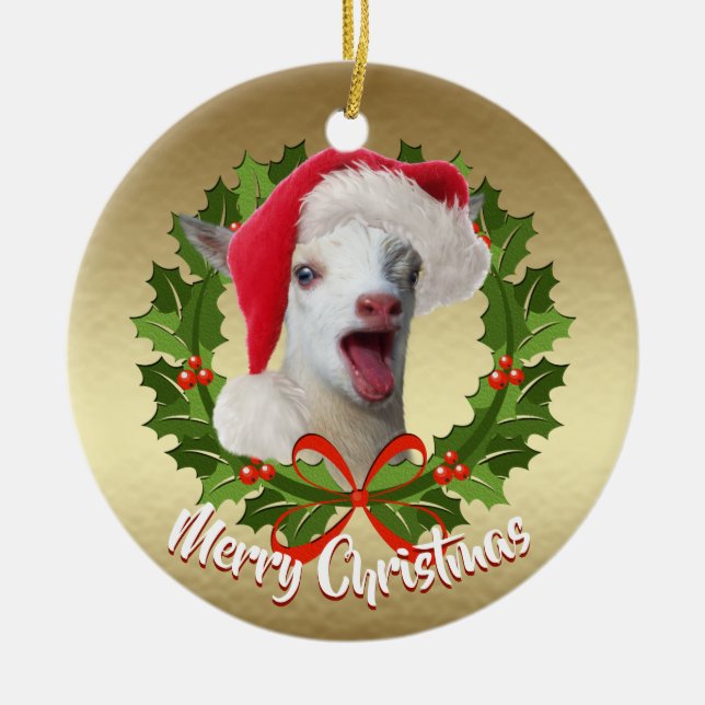 Ornamento De Cerâmica GOAT Nigerian Dwarf Kid Santa Hat Natal (Frente)