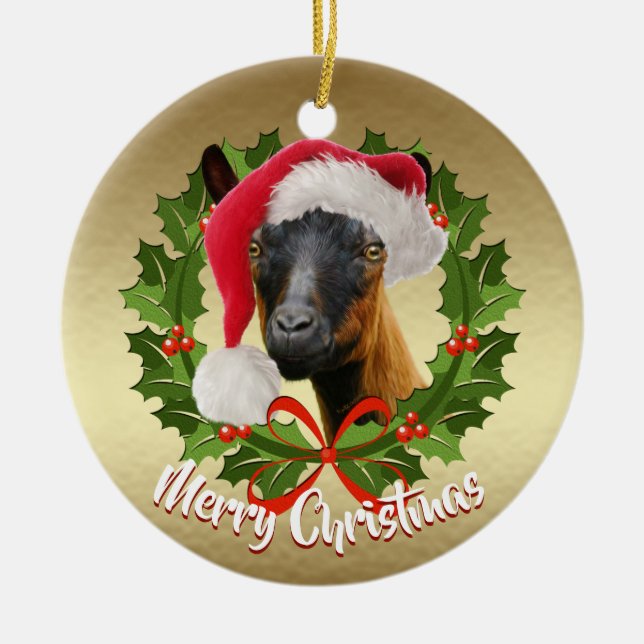 Ornamento De Cerâmica GOAT Oberhasli Dairy Goat Doe Santa Hat Natal (Frente)