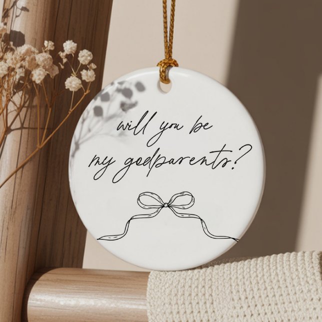 Ornamento De Cerâmica Godparents Handwritten Bow Proposal (Zazzle Godparents Handwritten Bow Proposal Ceramic Ornament (Front))