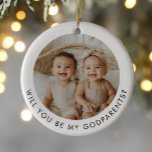 Ornamento De Cerâmica Godparents Photo Proposal Girl Boy Twins<br><div class="desc">Looking for a sweet way to ask a loved one to be your twins' Godparents? This modern, minimalist design is the perfect way to pop the question! Whether you're asking a family member or close friends, this will help you create a heartfelt moment that they'll remember forever. This design features...</div>