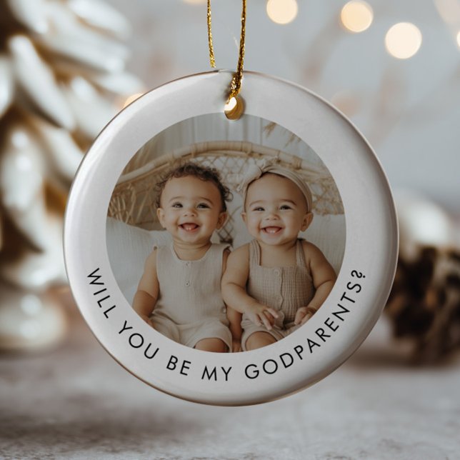 Ornamento De Cerâmica Godparents Photo Proposal Girl Boy Twins (Zazzle Godparents Photo Proposal Girl Boy Twins Ceramic Ornament (Front))