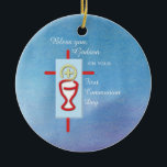 Ornamento De Cerâmica Godson, Primeira Comunhão, Azul<br><div class="desc">Seu Godson apreciará este presente especial da Primeira Sagrada Comunhão,  lembrança e presente como você o felicita por seu dia de comunhão!</div>