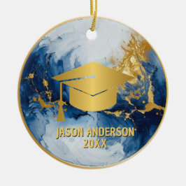 Ornamento De Cerâmica Gold and Blue Custom Graduation Ornament