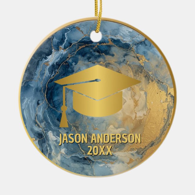 Ornamento De Cerâmica Gold and Blue Custom Graduation Ornament (Frente)