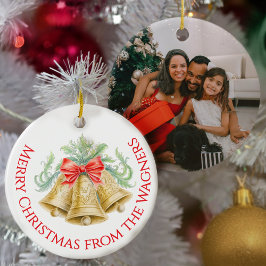 Ornamento De Cerâmica Gold bells watercolor red bow Christmas photo