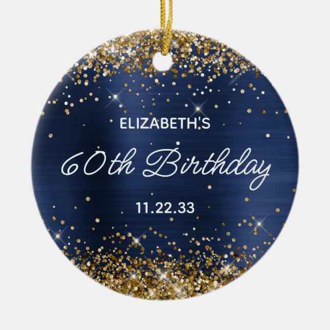 Ornamento De Cerâmica Gold Glitter Navy Blue Foil 60th Birthday Photo (Frente)