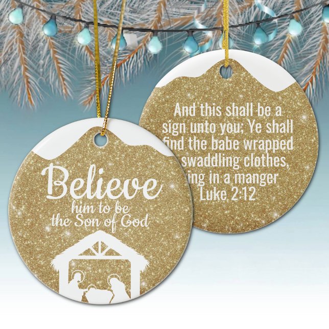 Ornamento De Cerâmica Gold Manger Baby Jesus Scripture Xmas Decor ⛪️ 🎄 (bible quote religious gift holy nativity christian keepsake biblical holiday gold manger baby jesus )