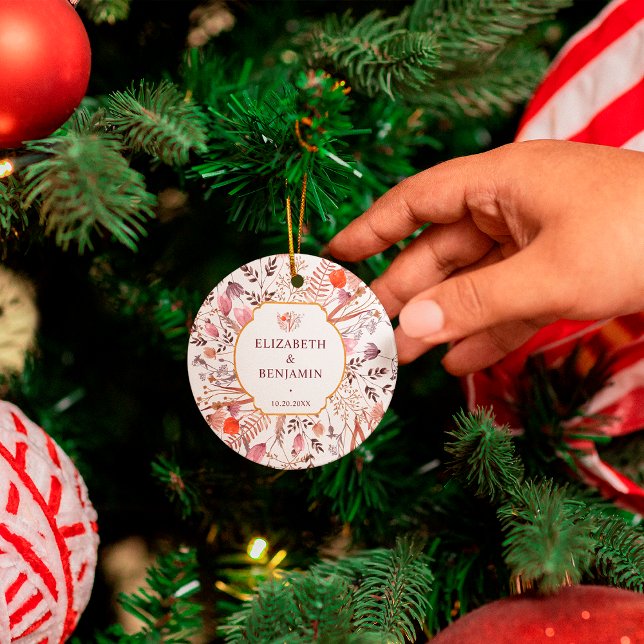 Ornamento De Cerâmica Gold Rustic Boho Chic Fall Wildflowers Wedding (Criador carregado)