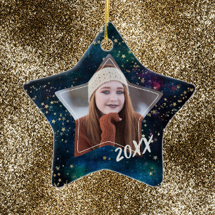Ornamento De Cerâmica Gold Star Universe Graduate Photo Ornament