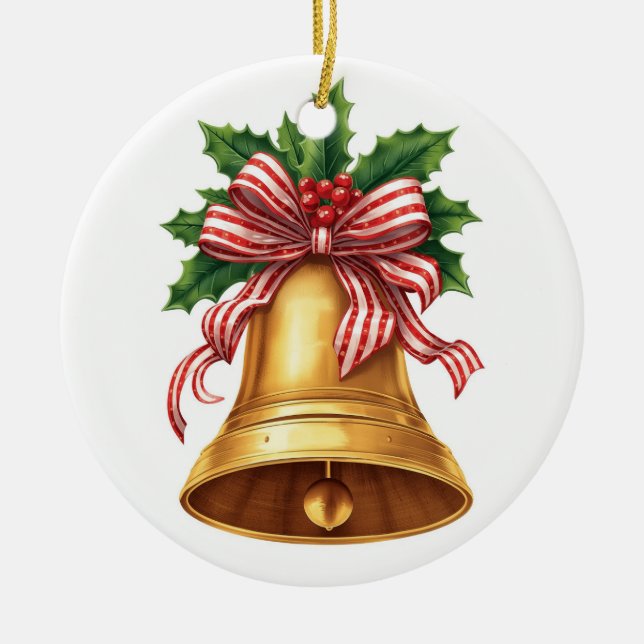 Ornamento De Cerâmica Golden Christmas Bell Holly and Stripe Bow (Frente)
