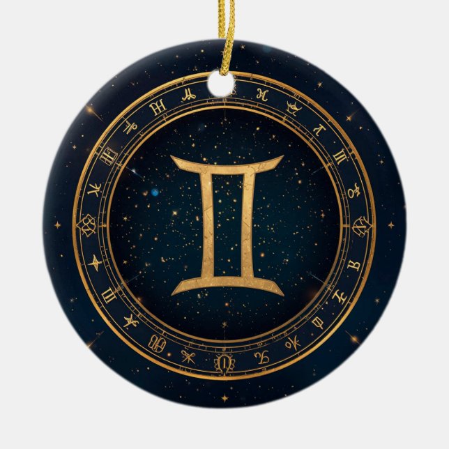 Ornamento De Cerâmica Golden Gemini Zodiac Circle With Starry Night (Frente)